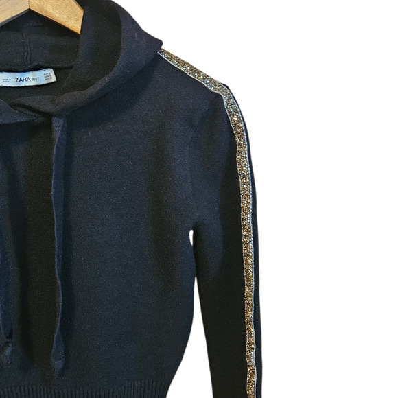 Zara Knit Black Hoodie Sweater Metallic Stripe Sleeves Women’s Size Small - Picture 3 of 6